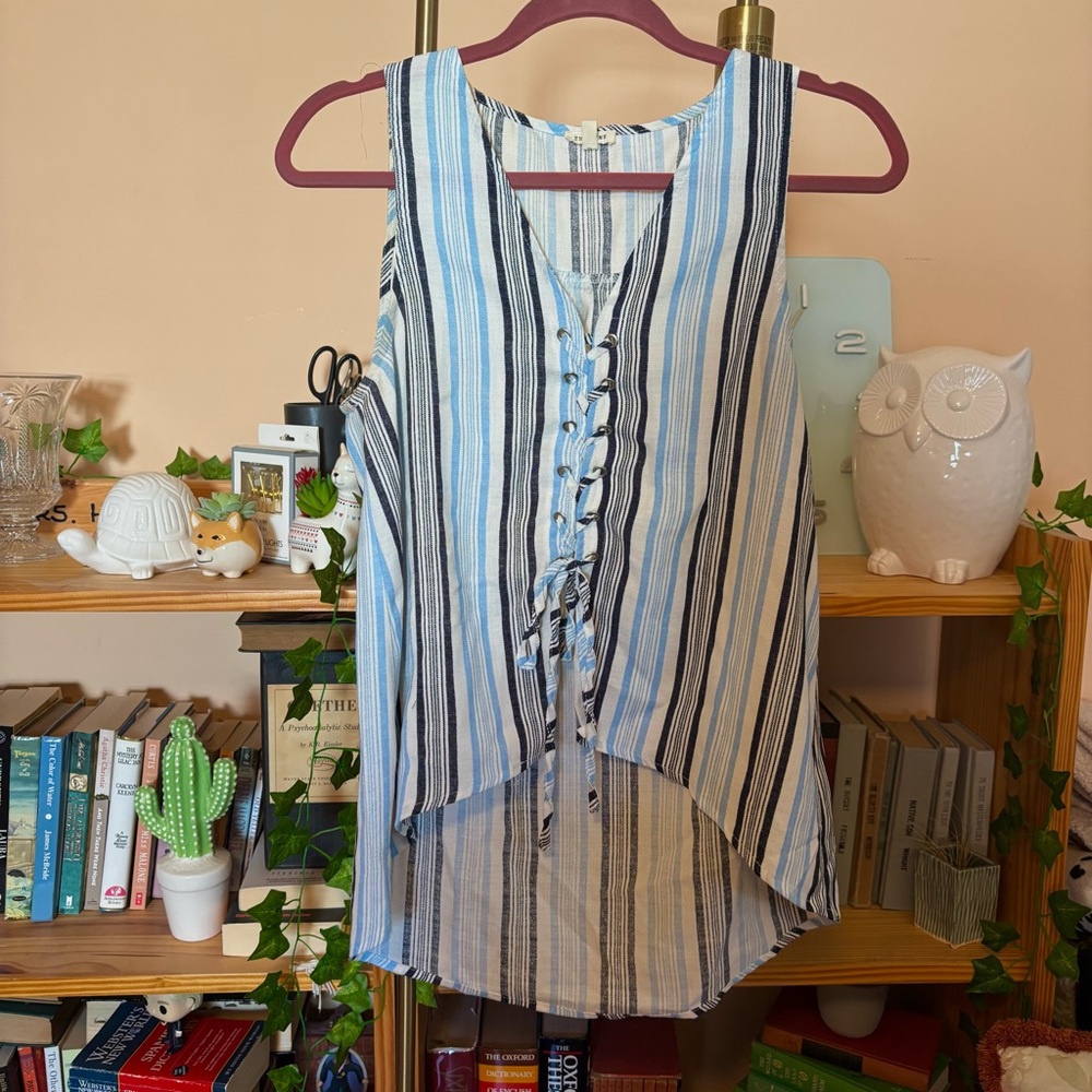 En Creme Blue and White Striped Lace-Up Tank Top